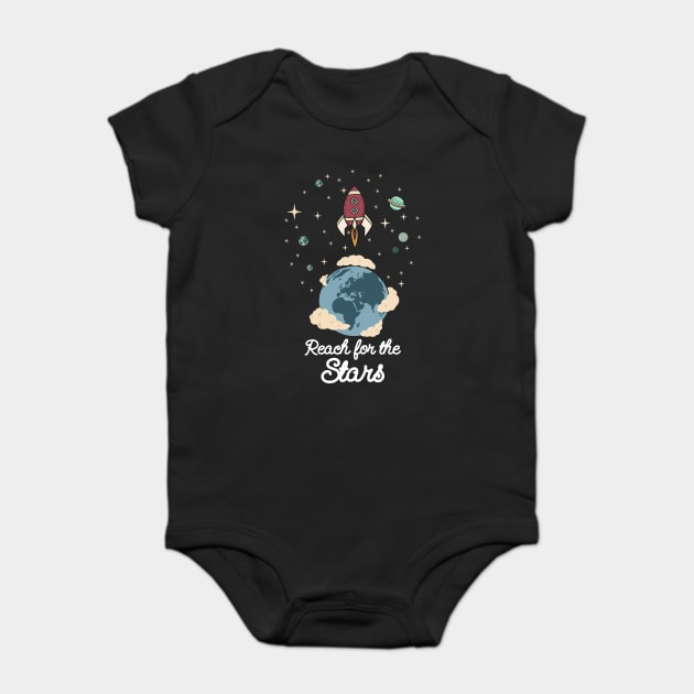 Reach for the Stars Motivational Rocket Design Baby Bodysuit by Designed By Marty